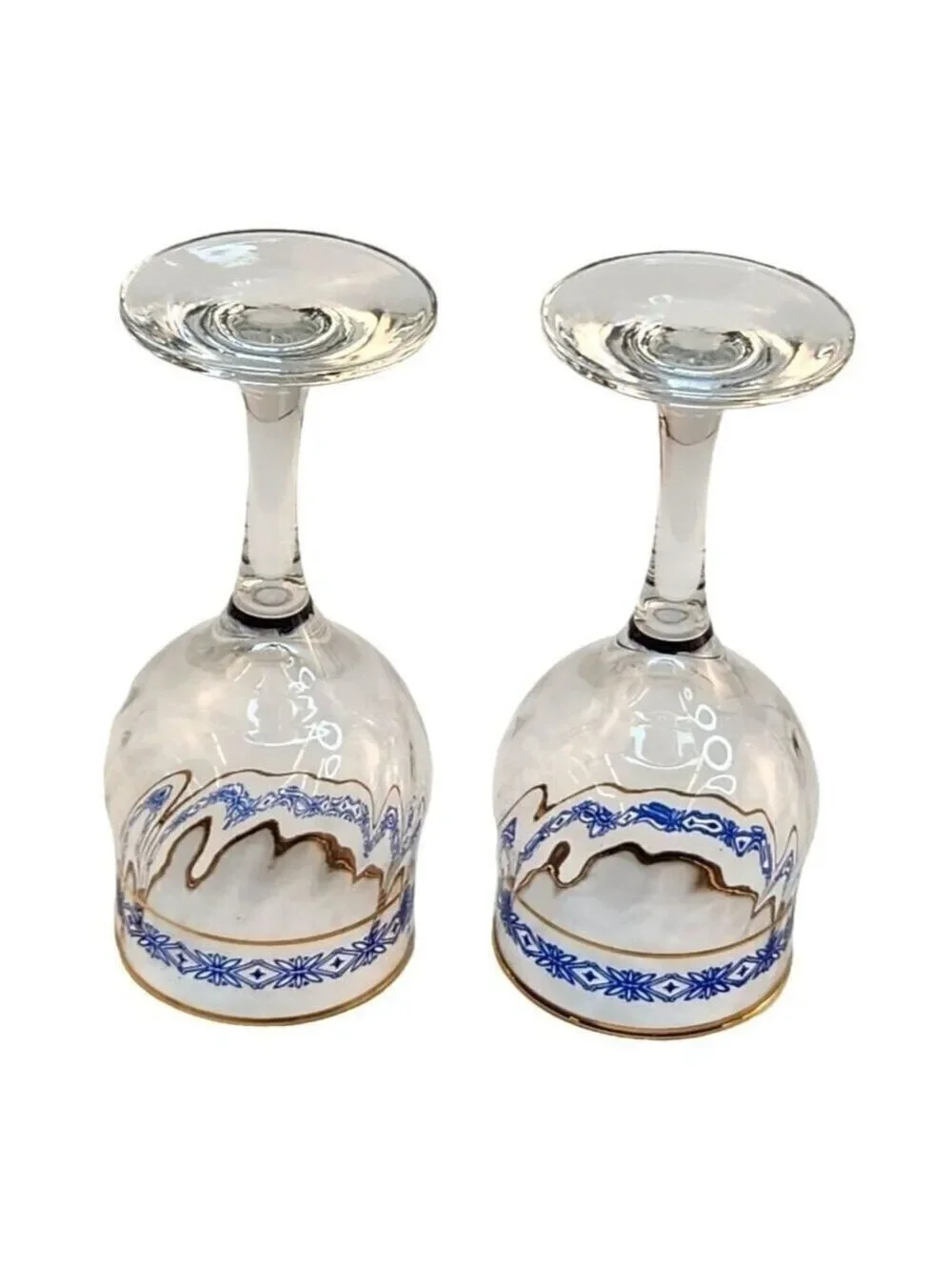 Steamed Wine Glasses Blue Floral Diamond & Gold Rim Design, Swirl Glass